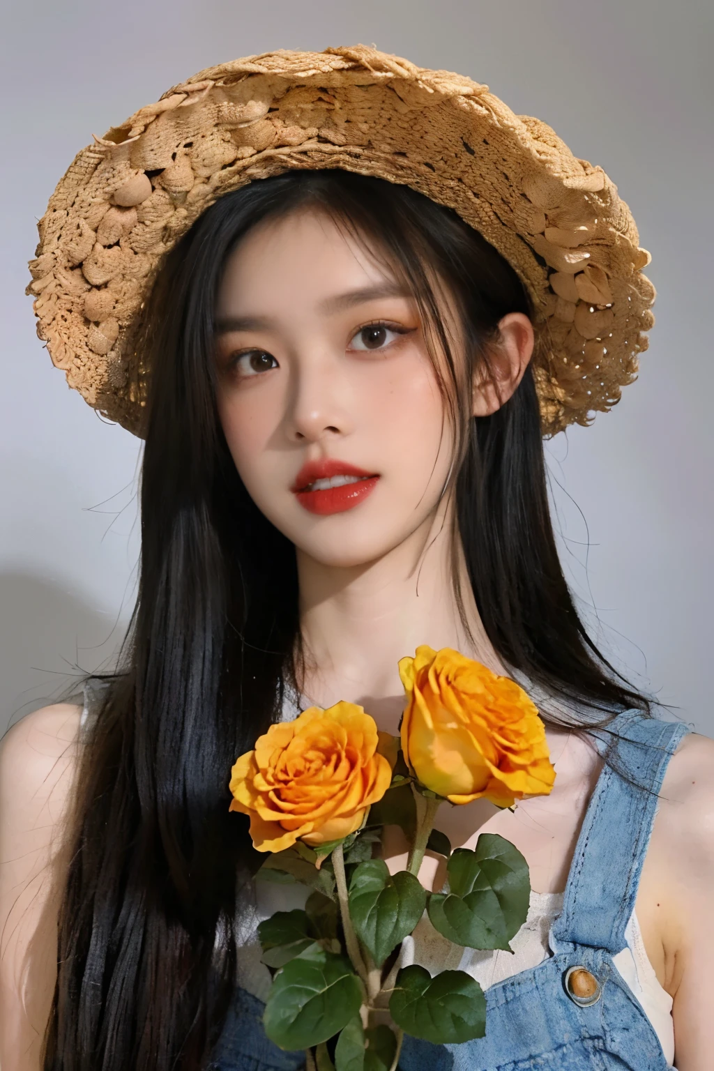 JKBB  1girl, solo, flower, freckles, long hair, hat, realistic, black hair, looking at viewer, parted lips, upper body, grey background, simple background, yellow flower, overalls, sunflower, bouquet, lips, brown eyes, bare shoulders, hair flower, blue headwear, brown hair, red lips, hat flower