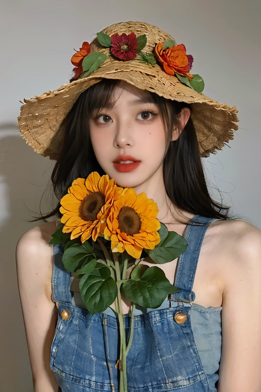 JKBB  1girl, solo, flower, freckles, long hair, hat, realistic, black hair, looking at viewer, parted lips, upper body, grey background, simple background, yellow flower, overalls, sunflower, bouquet, lips, brown eyes, bare shoulders, hair flower, blue headwear, brown hair, red lips, hat flower