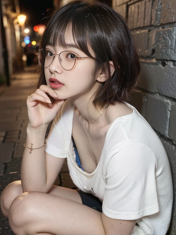 raw photo, 8k, (top-quality), Realistic, (real picture, Intricate details), (natural skin texture, detailed skin, hyper realism, sharpness), (glasses Japanese teenage girl squatting in a dirty back alley at night),((highly detailed bra with embellishments)),((flat chest)), ((white shirts ,downblouse, munechira)), (pale skin:1.2, slender body), ((short hair, blunt bangs)), (glasses seductive face, provocative look, Parted lips:1.3, eye bag:1.2, red thick lips), night time, spot lighting:1.3,visible nipple