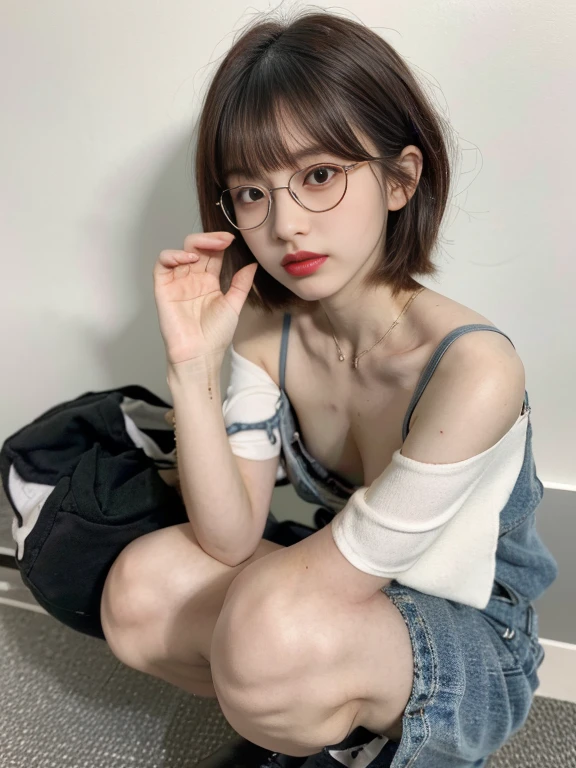 raw photo, 8k, (top-quality), Realistic, (real picture, Intricate details), (natural skin texture, detailed skin, hyper realism, sharpness), (glasses Japanese age girl squatting in a dirty back alley at night),((highly detailed bra with embellishments)),((flat chest)), ((white shirts ,downblouse, munechira)), (pale skin:1.2, slender body), ((short hair, blunt bangs)), (glasses seductive face, provocative look, Parted lips:1.3, eye bag:1.2, red thick lips), night time, spot lighting:1.3,visible nipple
