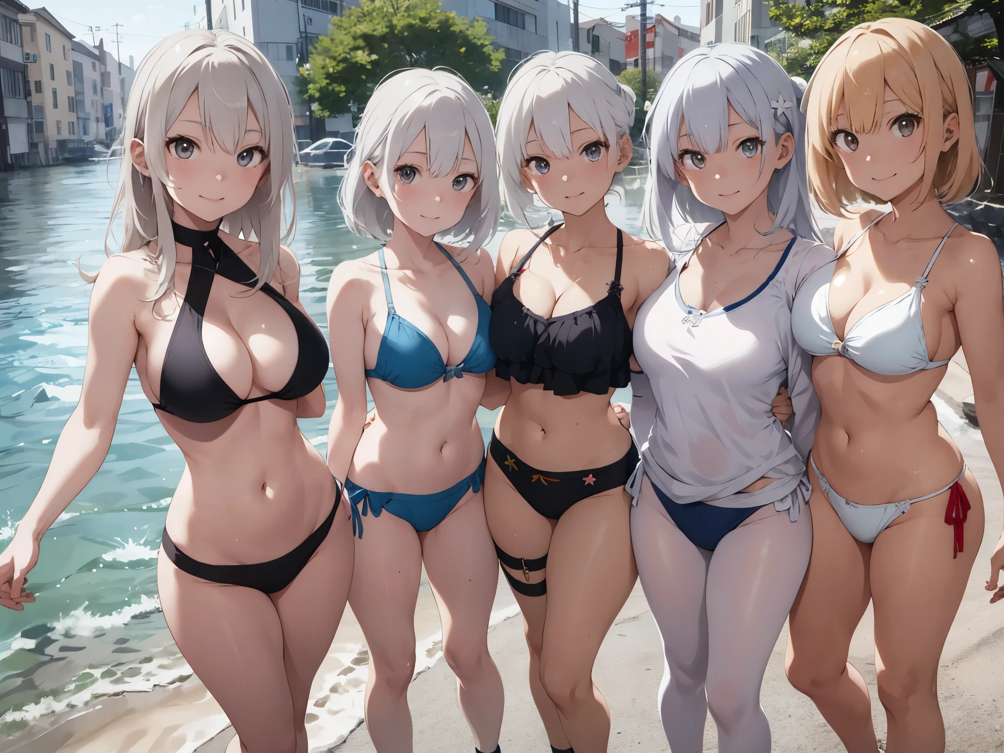 White haired girl drawn in high resolution Japanese anime style、Group of women taking photos in bikinis, Bikini Model, , A young and cute gravure idol, Posing together in a bra, Russian and Japanese mix, sakimichan, Asian woman, Wear a swimsuit, that'that'that'that'that'that'that'that'It's hot with the shining sun, Japanese Model, Cute Core, sakimichan hdri, Young Gravure Idol, Chubby