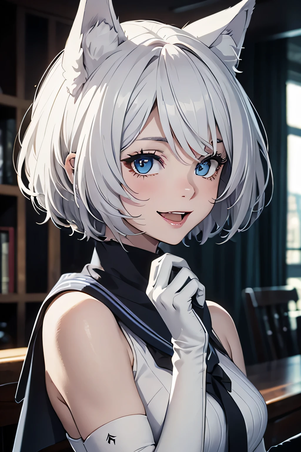 Tabletop High resolution Best image quality 8k Adult female Portraiture White long gloves(Elbow Gloves) White pantyhose Sailor suit(Sleeveless) White wolf ears short hair((Shortcuts)(Gray Hair)(Perm)(fluffy)) Eye color is blue Attractive face((Laughter)(smile)(Open your mouth)) Are standing