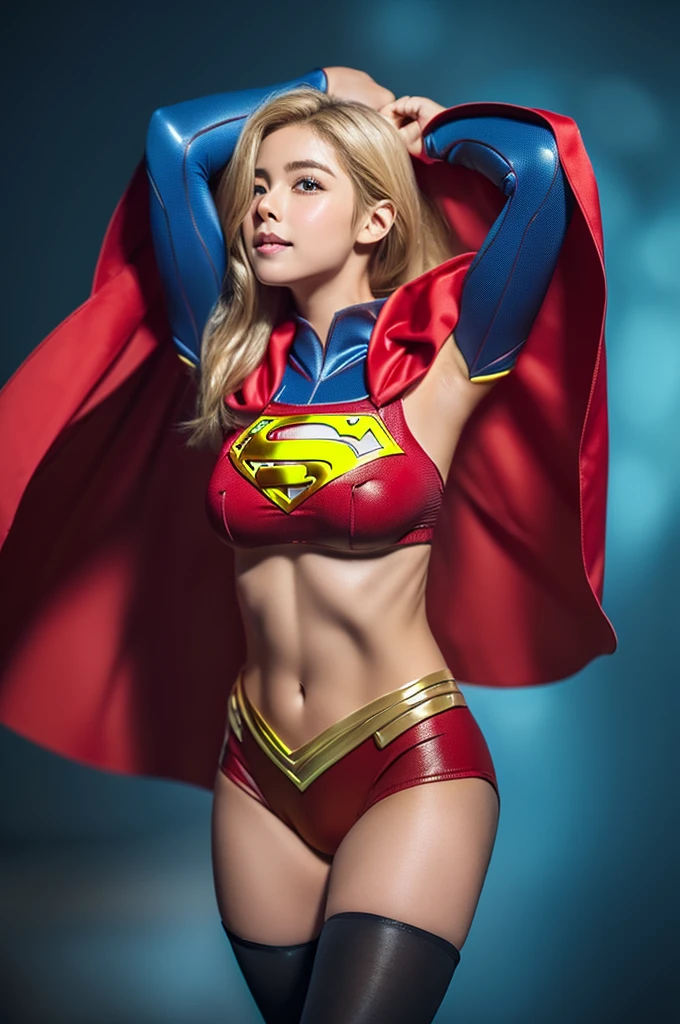 No background、(((Beautiful legs in black tights.)))、(((Legally express the beauty of your smile)))、((((Make the most of your original images)))、(((Supergirl Costume)))、(((Beautiful Hair)))、(((suffering)))、(((Please wear black tights....、Wear red boots)))、((Best image quality、8k))、((highest quality、8k、masterpiece:1.3))、(((Preserve background )))、Sharp focus:1.2、Beautiful woman with perfect figure:1.4、Slim Abs:1.2、Wet body:1.5、Highly detailed face and skin texture、8k