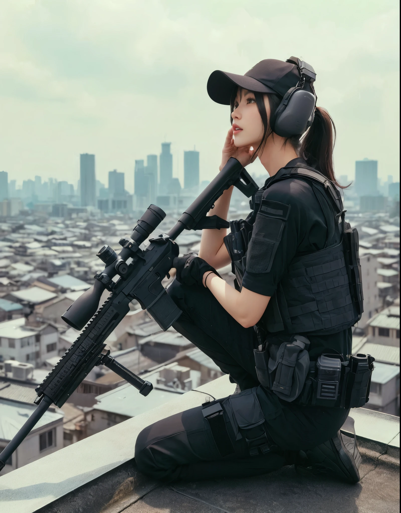 ８ｋ,Realistic Skin Texture、Realistic Photo、Japanese woman in SWAT sniper team、Rooftop、A sniper rifle is propped up against the wall、Rising　He is holding his hand to his ear and talking on an intercom、cap backwards、noon、Dynamic pose、Innovative composition、Full body photo