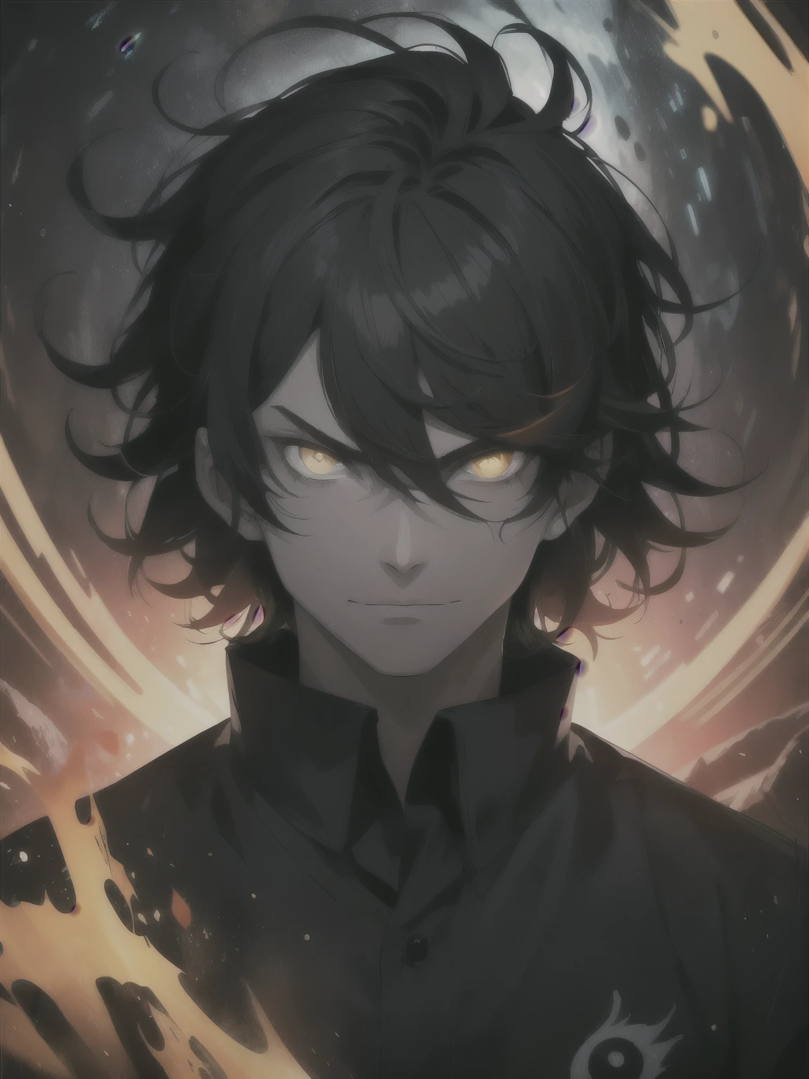 Man with messy hair, black and orange in color, wearing scientist's clothes, with yellow eyes, holding a black hole, black hole aura, evil look