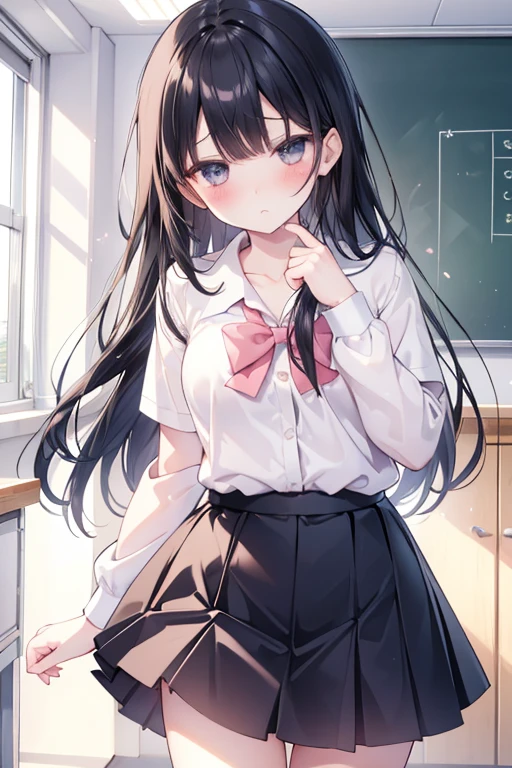 Please lift your skirt and show me your underwear.,Check skirt,Embarrassing,Troubled face,White panties,Apply blush all over the face,Are standing,School classroom,Long black hair,spoken question mark