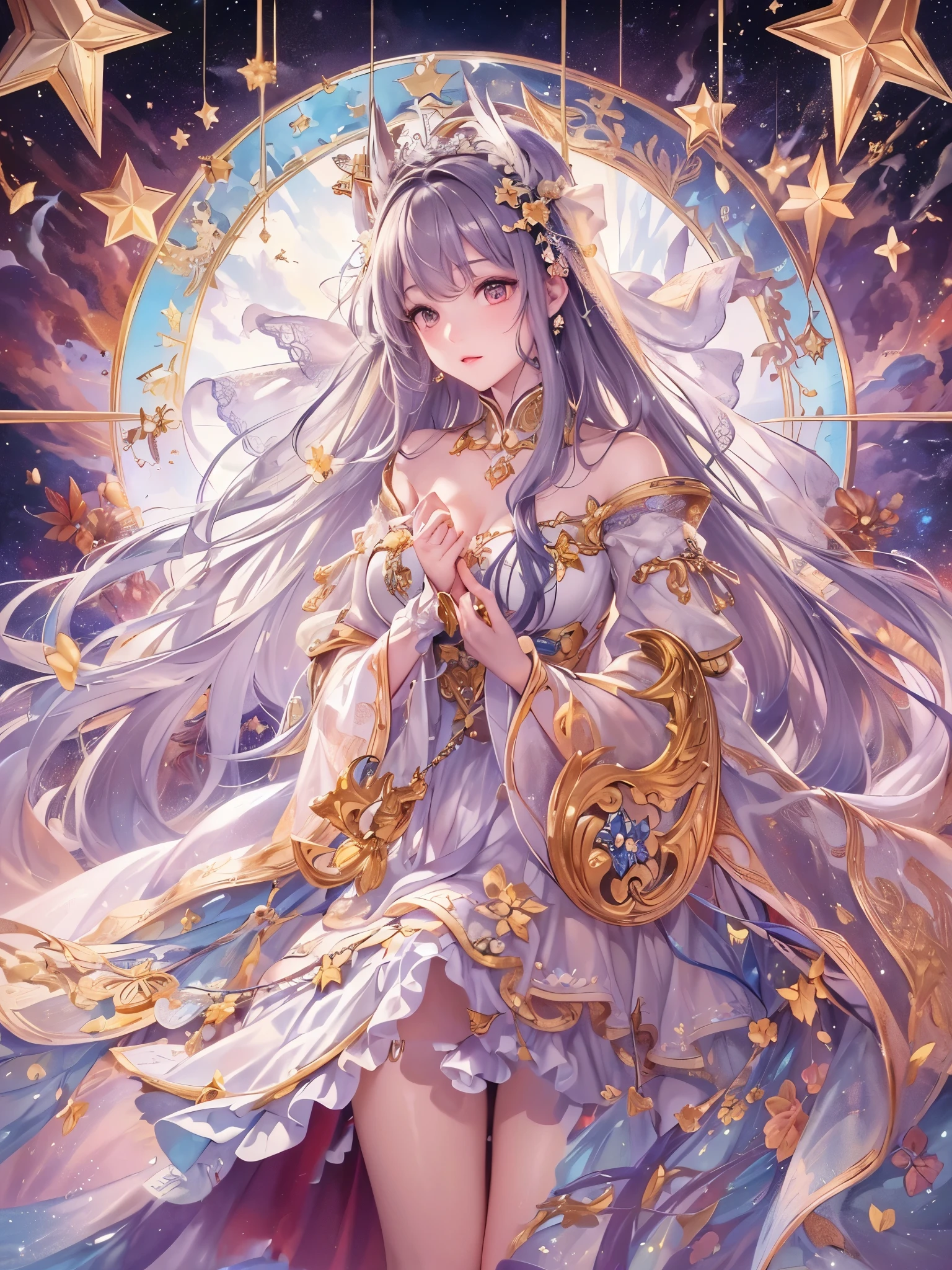 ((Highest quality)),(Ultra-high resolution),(Super detailed),(Detailed Description),((The best CG)),(masterpiece),Highly detailed art,(Art with precise detail:1.5), Big Dipper:1.8, Light of Love:1.4, peace:1.6, guidance:1.3, dream:1.1, Sweet and bittersweet:1.2, lure, Gorgeous:1.6, Sea of Constellations:1.3, ring, shine