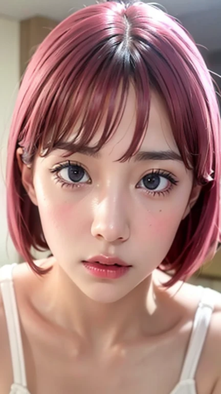Ultra realistic, open shot, best quality, dream aesthetic (a little blurry in cinematic vibrant light), ultra-detailed, fine details, high resolution (image taken by analog camera), Perfect dynamic composition, illuminated pale skin, perfect shading, beautiful (realistic) detailed clear eyes, black lingerie, pantyhose, pale-pink hair, long messy (silky) hair (pale pink), natural big breasts, Natural Color Lip (not smiling), face with shy and embarrassed expression, Random and sensual poses, bedroom (background unfocused)、20 year old、dream atmosphere