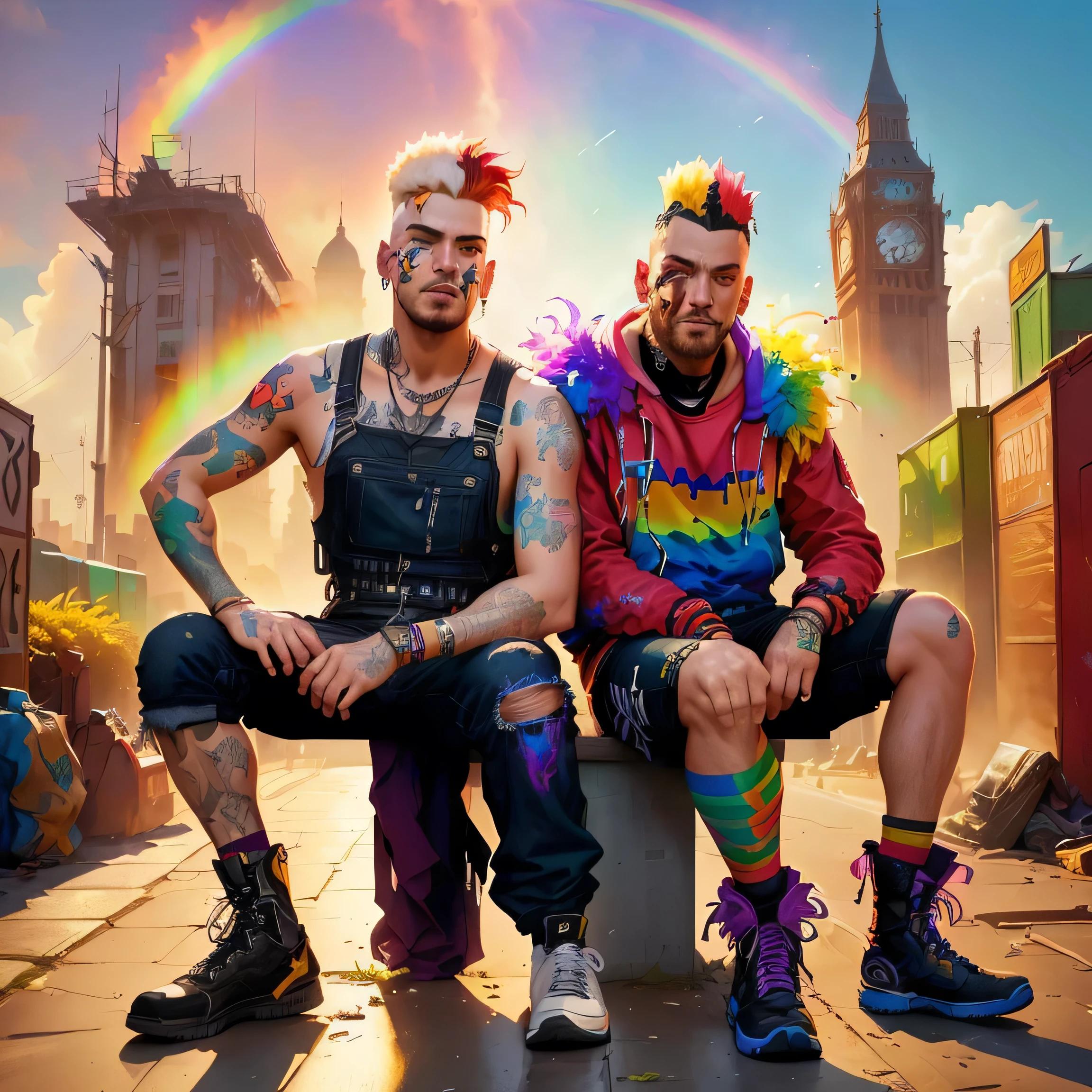 there are two men sitting on a bench with a rainbow in the background, Rainbow Core, Orgulho gay, Punks, vestido com roupas crustpunk, punk rock com moicanos, Neil Blevins e Jordan Grimmer, magiapunk, diselpunk, inspirado em Tim e Greg Hildebrandt, olhar orgulhoso, brilhantemente colorido, Greg Rutkowski e Jakub Rebelka