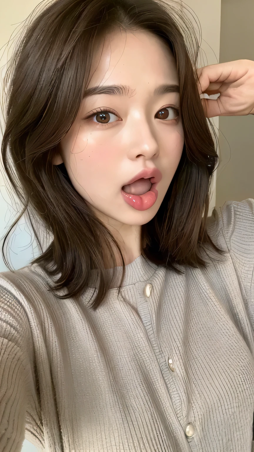 ((highest quality, 8k, masterpiece: 1.3)), 1 female, Japanese Mature,Sensual beauty: 1.3, (Hair style Brown hair Medium wave, big: 1.2), Nightwear: 1.1, Super slender face, Delicate eyes, double eyelid, (((Open your mouth,Long tongue sticking out,)))Mole, Home,Plump body,very thick legs,Shot from directly above,He is fooling around with his mouth wide open and his tongue sticking out..,