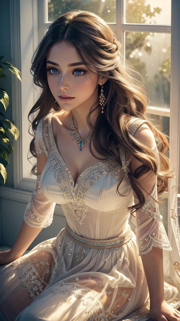 "beautiful detailed eyes, beautiful detailed lips, extremely detailed eyes and face, long eyelashes, soft and flowing hair, elegant pose, serene expression, vibrant colors, realistic lighting, intricate jewelry, graceful movement, dreamlike atmosphere, mesmerizing beauty, enchanting backdrop, ethereal ambiance, intricate lace details, delicate embroidery, exquisite craftsmanship, captivating elegance, enchanting whimsy, delicate fabrics, play of light and shadows", sitting on the window sill, from below