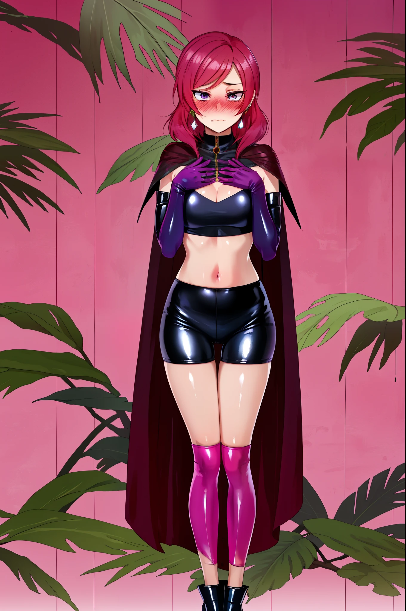 masterpiece, best quality,8k wallpaper, nishikino maki, purple eyes, (pink tight crop top), breasts , cape,elbow gloves, (pink latex cheekies), thighhighs,in jungle , solo, (standing), earrings,crotch , embarrassed, blushing 