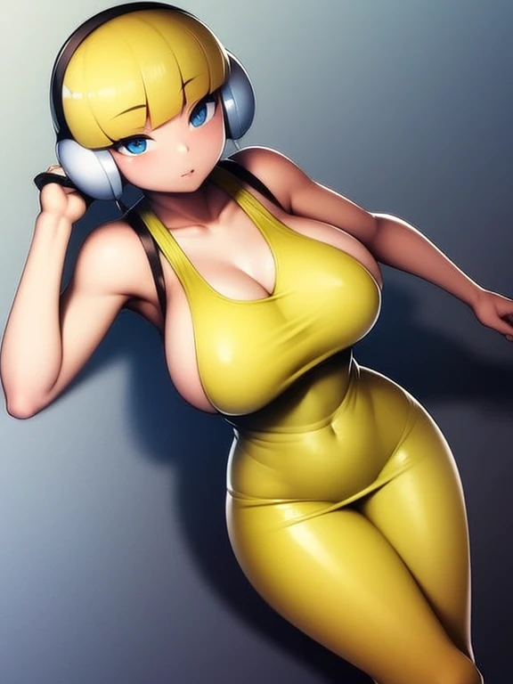 Solo, masterpiece, perfect face, perfect eyes, ((elesa pokemon)), blond hair, bobcut, yellow sleeveless dress, headphones, modelshoot, gigantic breasts