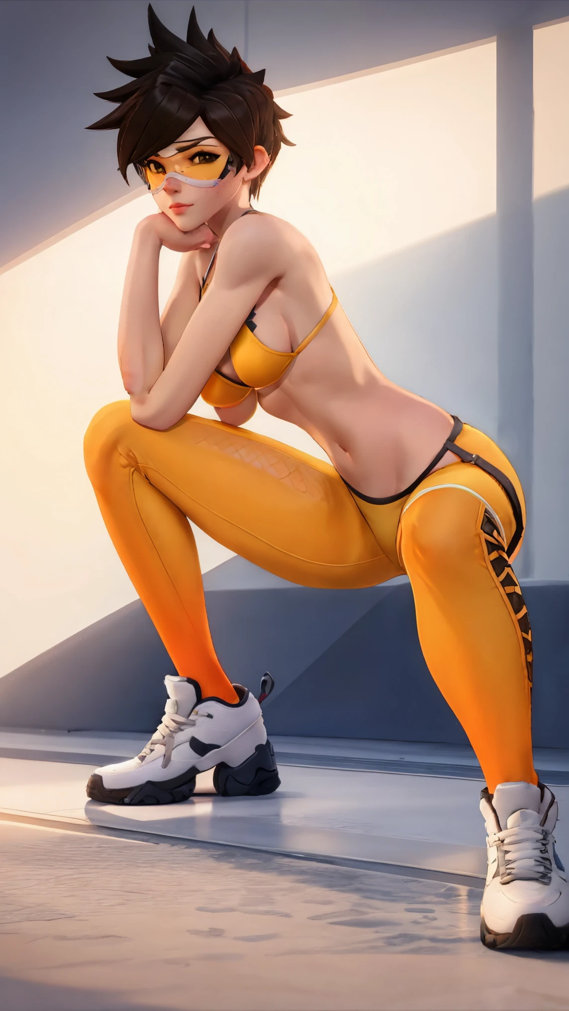 Tracer from overwatch is wearing a slutty bikini and posing for a porn. yellow sneakers, squatting, spread legs, sexy pose, front view, blushing, freckles, looking at viewer, small breasts,