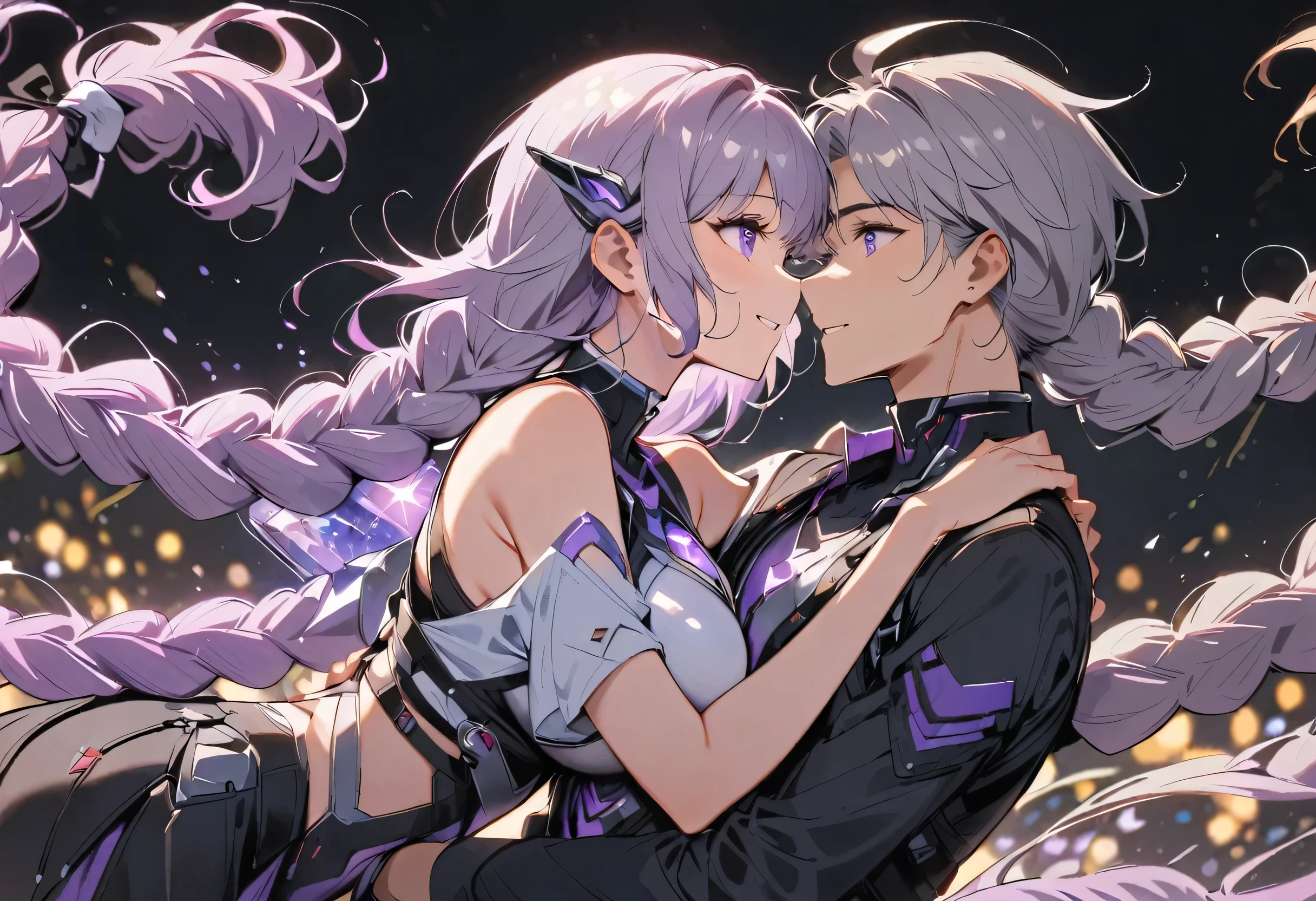 (yinji:1.2), score_7_up, purple hair, purple eyes, extremely long hair, gray hair, large breasts, sloped hair,One man and one woman,couple,Gradient hair color,Silver-white metal decoration at the end of the braid,loving expression,Sci-fi style,Taimanin-like clothes,Off-shoulder,There is a purple glowing gem on the chest, couple,Embrace,Intimate