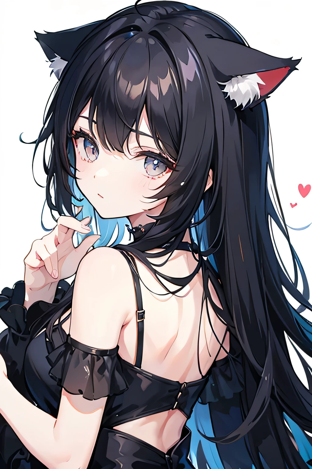 Black fluffy hair, hand holding hair, looking back, cat ears, back facing