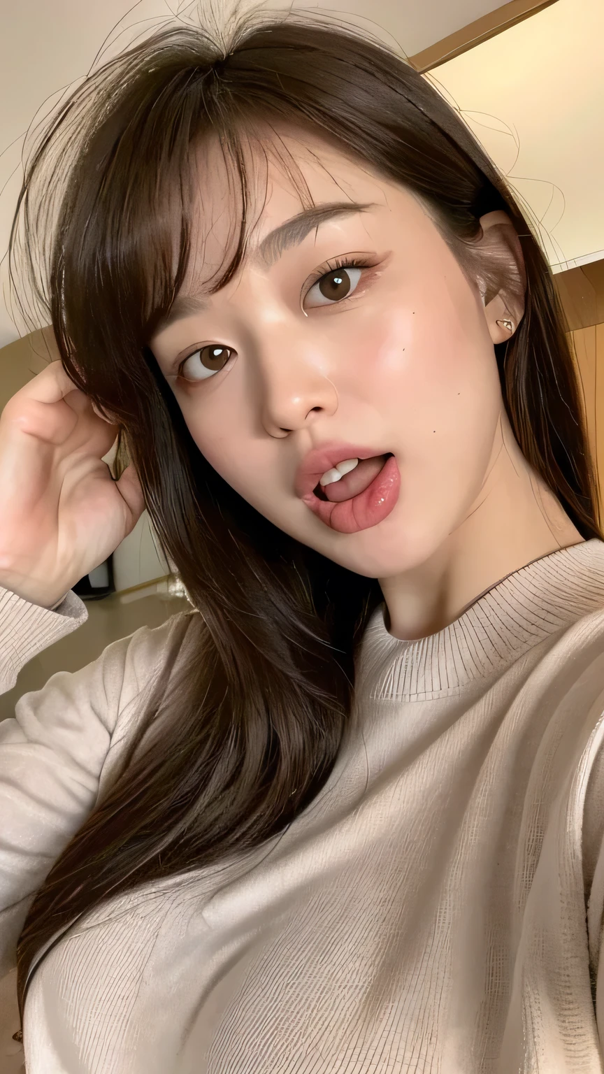 ((highest quality, 8k, masterpiece: 1.3)), 1 female, Japanese Mature,Sensual beauty: 1.3, (Hair style Brown hair Medium wave, big: 1.2), Nightwear: 1.1, Super slender face, Delicate eyes, double eyelid, (((Open your mouth,I have a long tongue sticking out,)))Mole, Home,Plump body,very thick legs,Shot from directly above,I have my mouth wide open and my tongue sticking out,