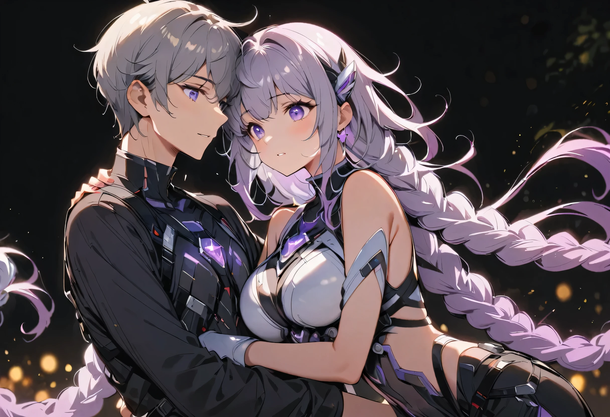 (yinji:1.2), score_7_up, purple hair, purple eyes, extremely long hair, gray hair, large breasts, sloped hair,One man and one woman,couple,Gradient hair color,Silver-white metal decoration at the end of the braid,loving expression,Sci-fi style,Taimanin-like clothes,Off-shoulder,There is a purple glowing gem on the chest, couple,Embrace,Intimate