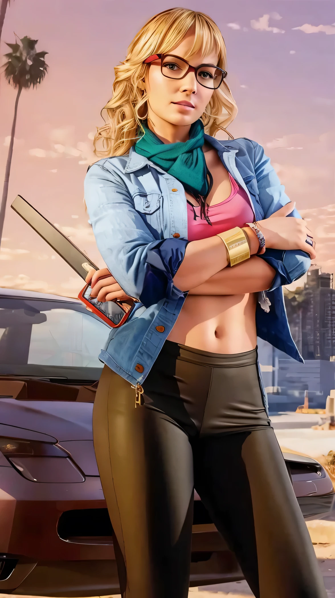 Blonde, navel, realistic, red frame glasses