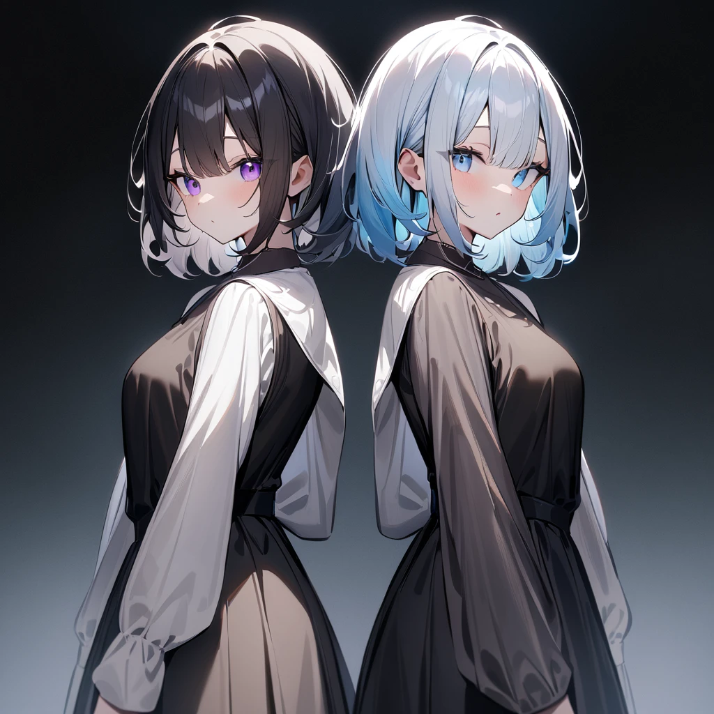 {{2girls}},masterpiece,best quality,very aesthetic,absurdres,cowboy shot,light color,dark color,light hair,dark hair,White hair,light blue hair,light blue eyes,Lovely,translucent hair,dark purple eyes,headless,(black hair,one eyes),back to back