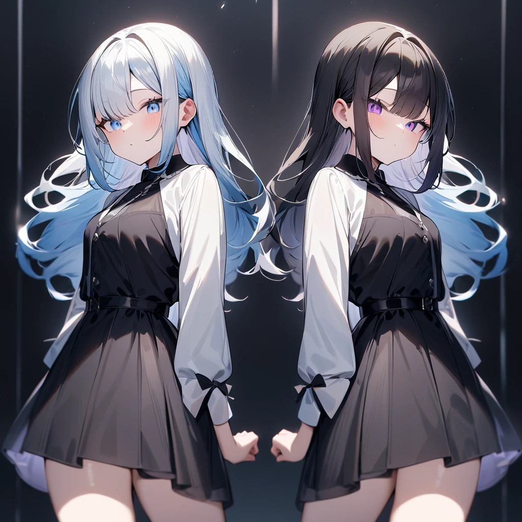 {{2girls}},masterpiece,best quality,very aesthetic,absurdres,cowboy shot,light color,dark color,light hair,dark hair,White hair,light blue hair,light blue eyes,Lovely,translucent hair,dark purple eyes,headless,(black hair,one eyes),back to back