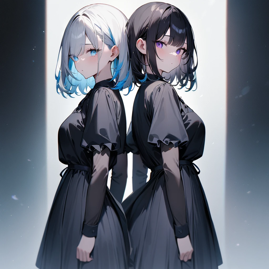 {{2girls}},masterpiece,best quality,very aesthetic,absurdres,cowboy shot,light color,dark color,light hair,dark hair,White hair,light  blue hair,light  blue eyes,Lovely,translucent hair,dark purple eyes,headless,(black hair,one eyes),back to back 