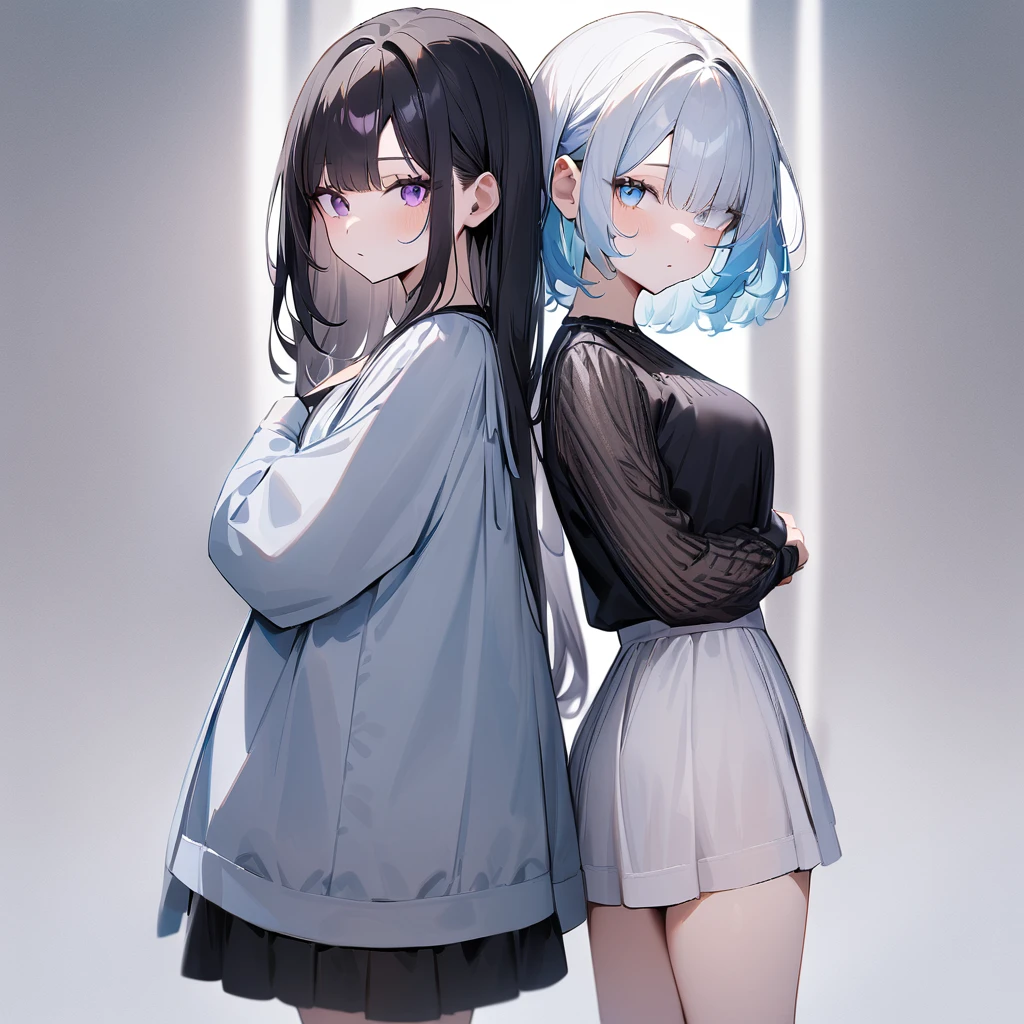 {{2girls}},masterpiece,best quality,very aesthetic,absurdres,cowboy shot,light color,dark color,light hair,dark hair,White hair,light  blue hair,light  blue eyes,Lovely,translucent hair,dark purple eyes,headless,(black hair,one eyes),back to back 