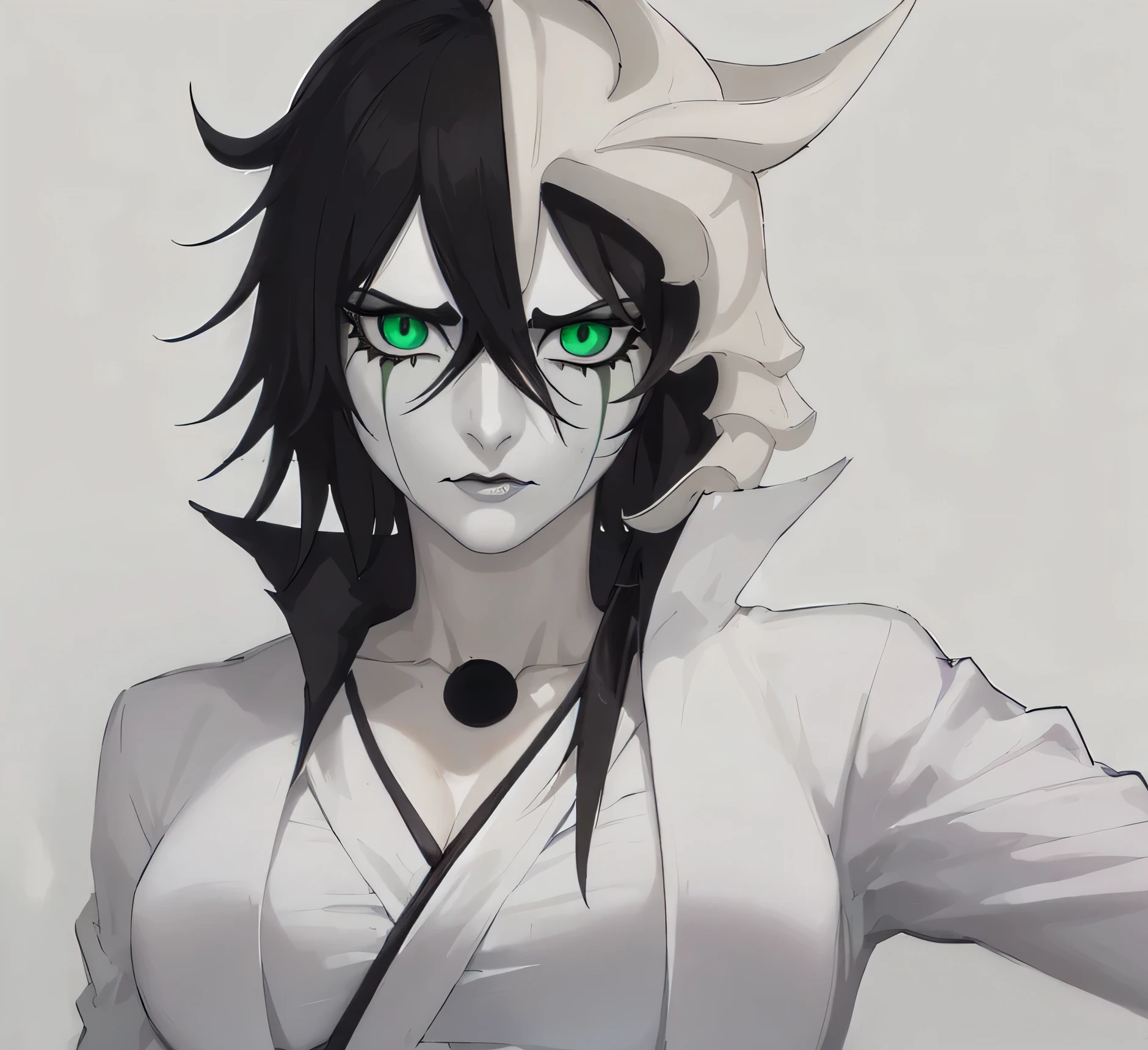 masterpiece, best quality, ulquiorra cifer, genderswap, female ulquiorra cifer, deadpan expression, female focus, black coloured upper lip, no eyebrows, eyelashes, pale grey skin, skin coloured lower lip, green lines which descend from the lower part of eyes, feminine lips, slit-shaped pupils, curvy, showing full body 