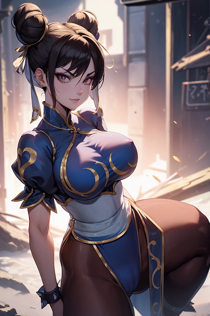 chun li,olhar penetrante,evil look,oculos no rosto,melhor qualidade,,juri han,solo, masterpiece, best quality,city night,looking at viewer,evil smile, evil look,belas coxas,leggings preto,low lighting,roupa azul,chun li