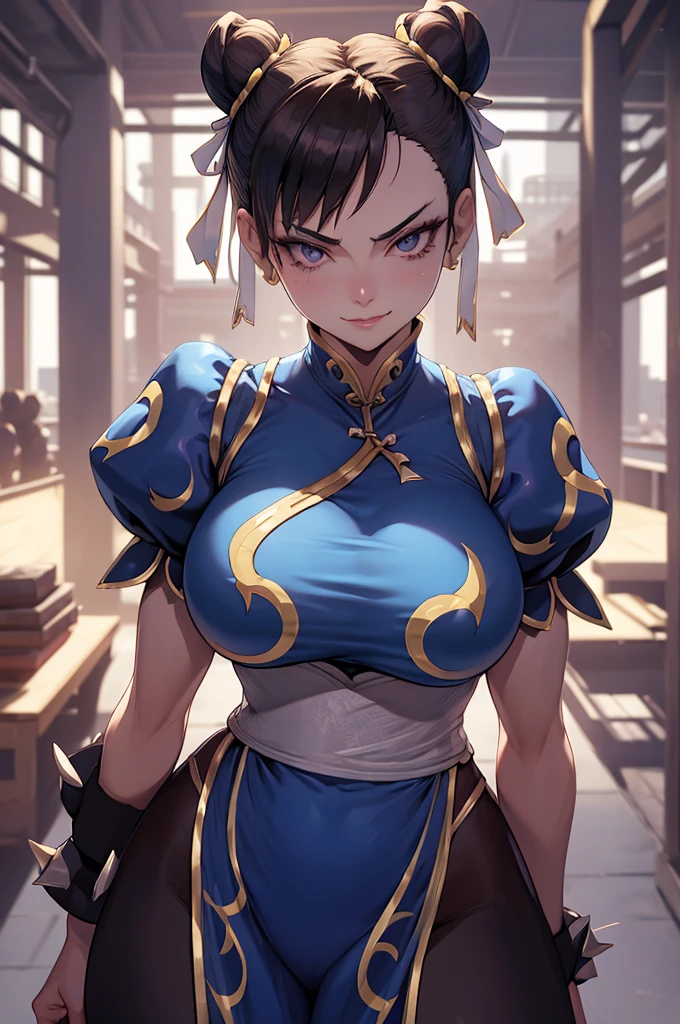chun li,olhar penetrante,evil look,oculos no rosto,melhor qualidade,,juri han,solo, masterpiece, best quality,city night,looking at viewer,evil smile, evil look,belas coxas,leggings preto,low lighting,roupa azul,chun li