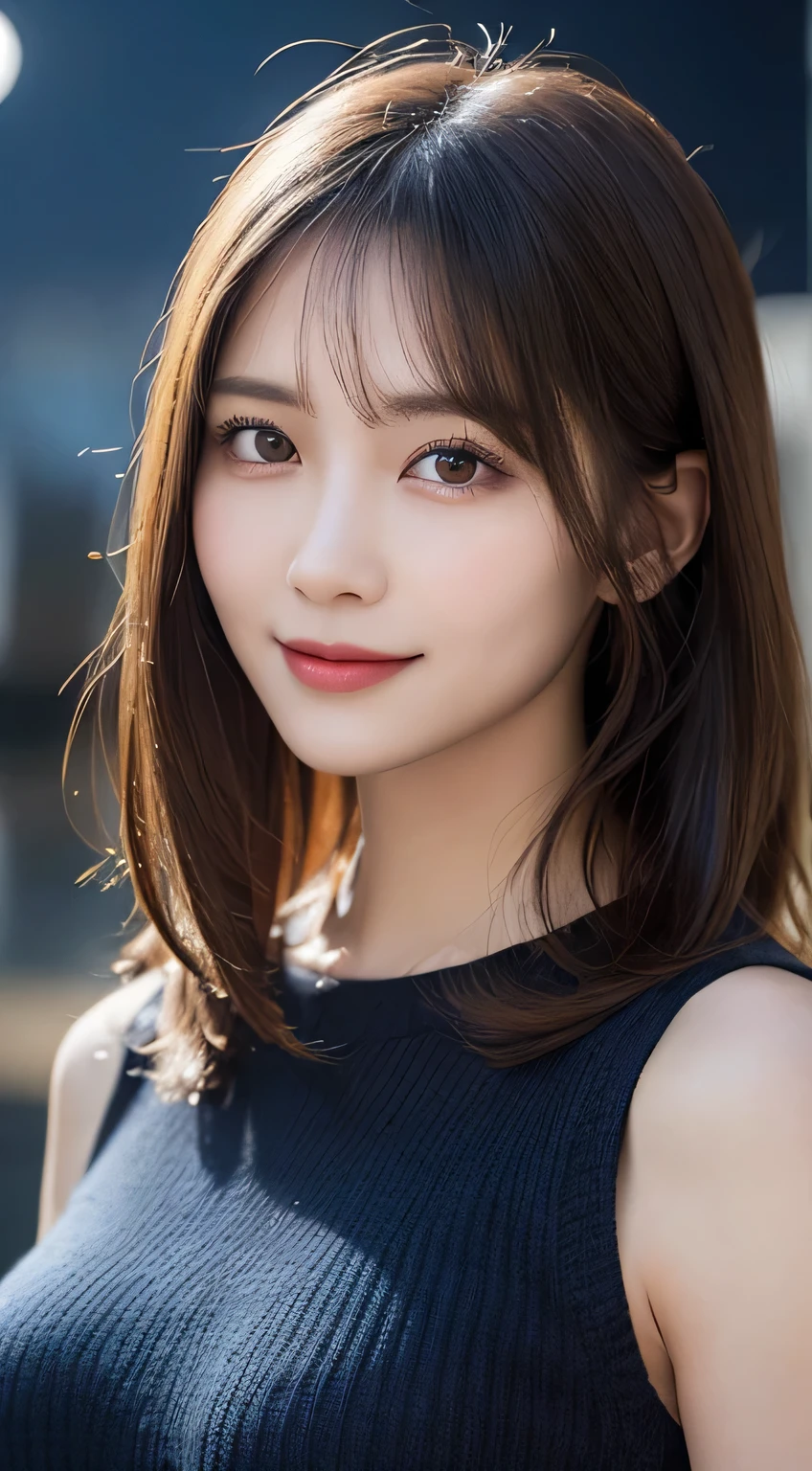 Body portrait, 8K, thin and beautiful eyes, Dindal effect, masterpiece, top quality, high quality, high resolution, very detailed photo, (natural skin texture, fine skin, hyper realism, super sharpness), high detail skin, (very fine, fine skin texture, intricate details, beautiful face, (realistic face), realistic eyes, beautifully detailed eyes, realistic skin, beautiful skin, surreal, very detailed Golden ratio, smiling eyes, ((night moonlight background) )), body portrait, G cup, big breasts, huge breasts, big breasts, glamorous, sexy knit dress,