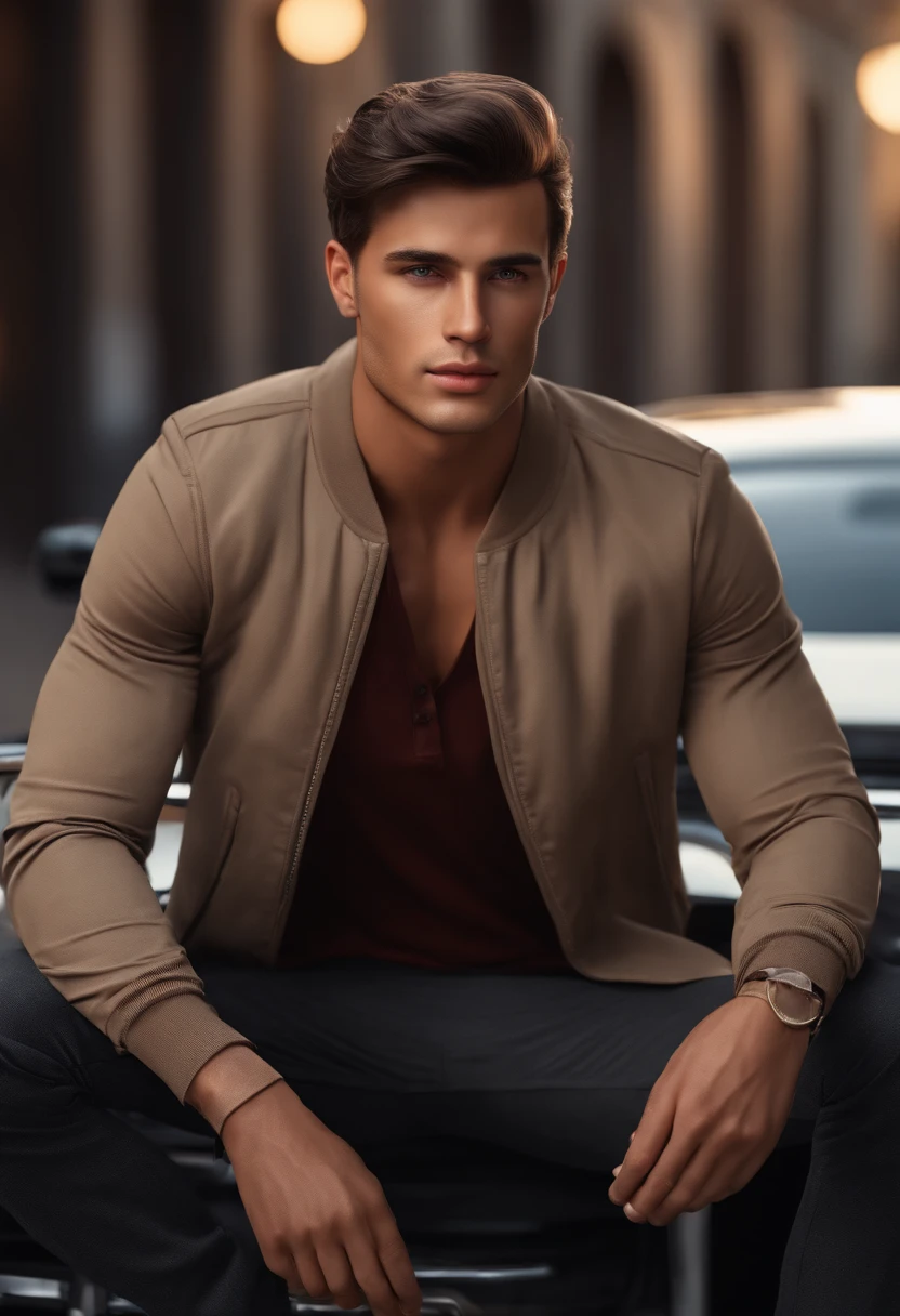 A young man, sexy brunette, beautiful tanned skin, Brown eyes, Stylish haircut, light bristles. clear and realistic, супер real. Excellent figure. (Best quality, 4k, 8k, a high resolution,masterpiece: 1.2),super detailed. Light jacket and trousers, Strong men's hands. realistic, real.