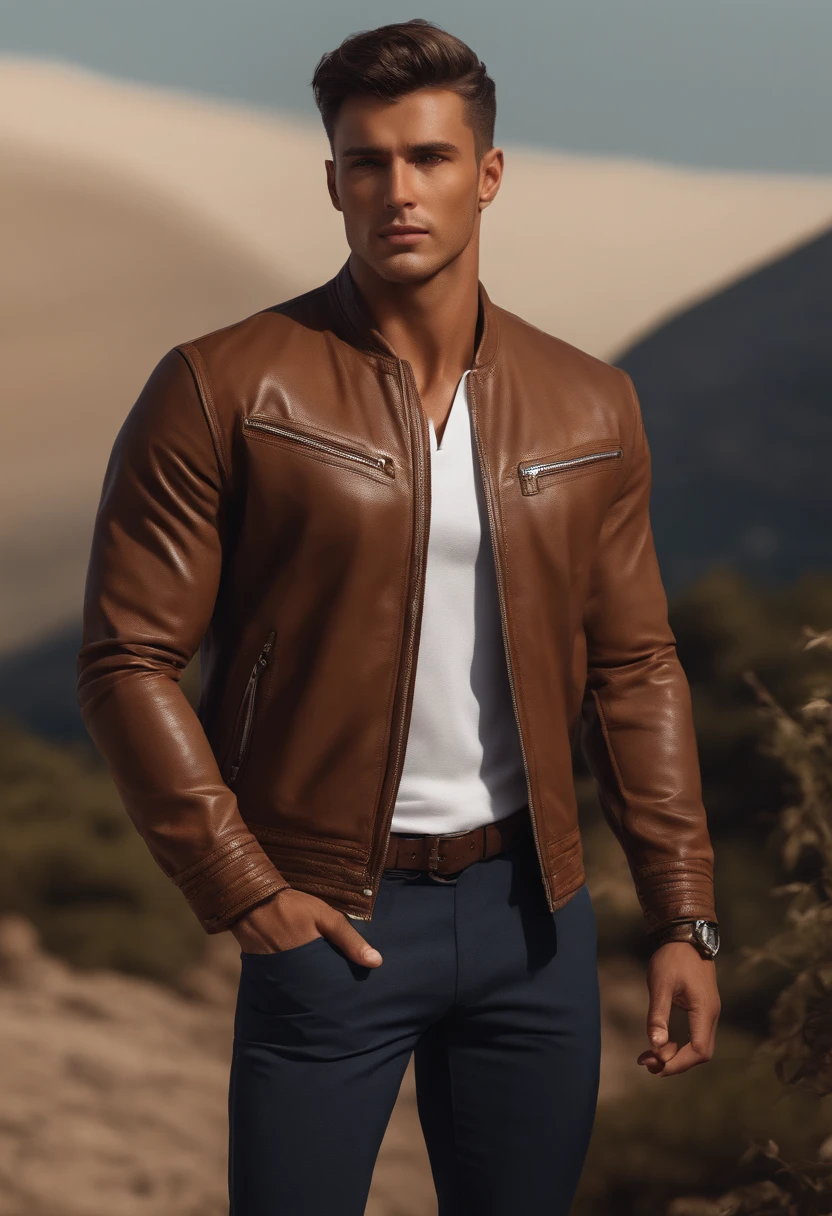 A young man, sexy brunette, beautiful tanned skin, Brown eyes, Stylish haircut, light bristles. clear and realistic, супер real. Excellent figure. (Best quality, 4k, 8k, a high resolution,masterpiece: 1.2),super detailed. Light jacket and trousers, Strong men's hands. realistic, real.