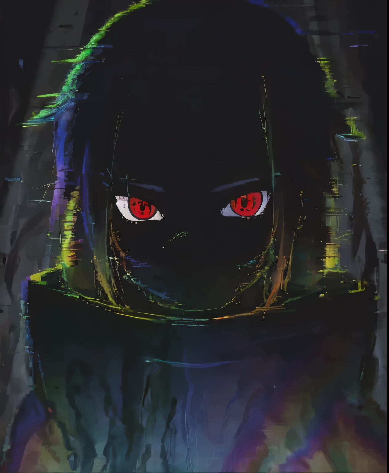 (Super detailed),(masterpiece),(highest quality),dark,Glitch,rainbow,One girl,Red eyes,Covered my mouth,View Viewer,Portraiture,alone,