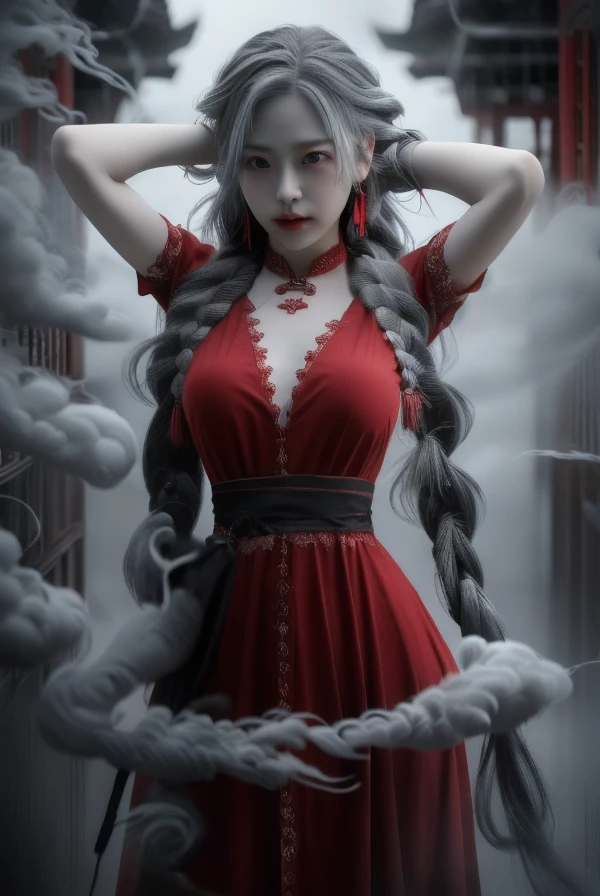 (dramatic, Grainy, intense:1.4),masterpiece, highest quality, 32K insane details, Intricate details, Super detailedな, super high quality, High detail, Super detailed, masterpiece, (whole body:1.4),  Red eyes(Gray Hair:1.6)(Braiding:1.3)
A girl wearing a red dress stands in front of my white eyes., Unreal Background, Smoke and fog, like something comes out. Inspired by Chinese Taoist ghost legend horror, chinese horror doll core, dark violet and light blue, Contrast of light and dark photorealistic exaggeration, Works influenced by Japonism, Cryptidcore Junji Ito, Miho Hirano, Ilya Kuvshinov, Zhang Yimou, thick paintings, oil, ink drawing cinematic texture, Top View, Extreme close up, Realistic 3D, Super detailed. Blender, c4d, High detail, High resolution,
A tense shot(The sky shines red,Visual impact,Give your poster a dynamic and visually striking look:1.2),Chinese Zen Style,High-impact photos,
