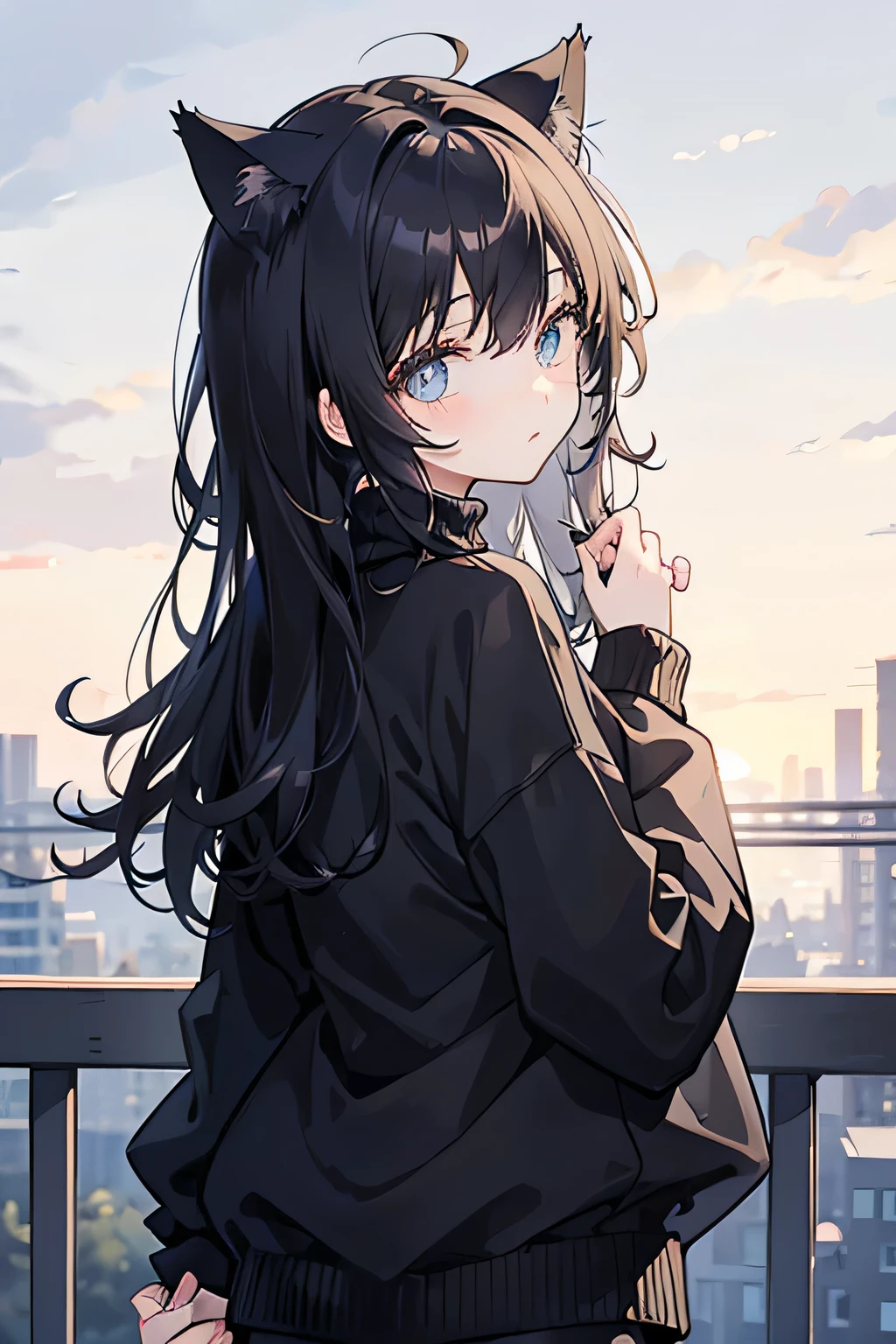 Black fluffy hair, hand holding hair up, looking back, cat ears, back facing, black turtleneck sweater 