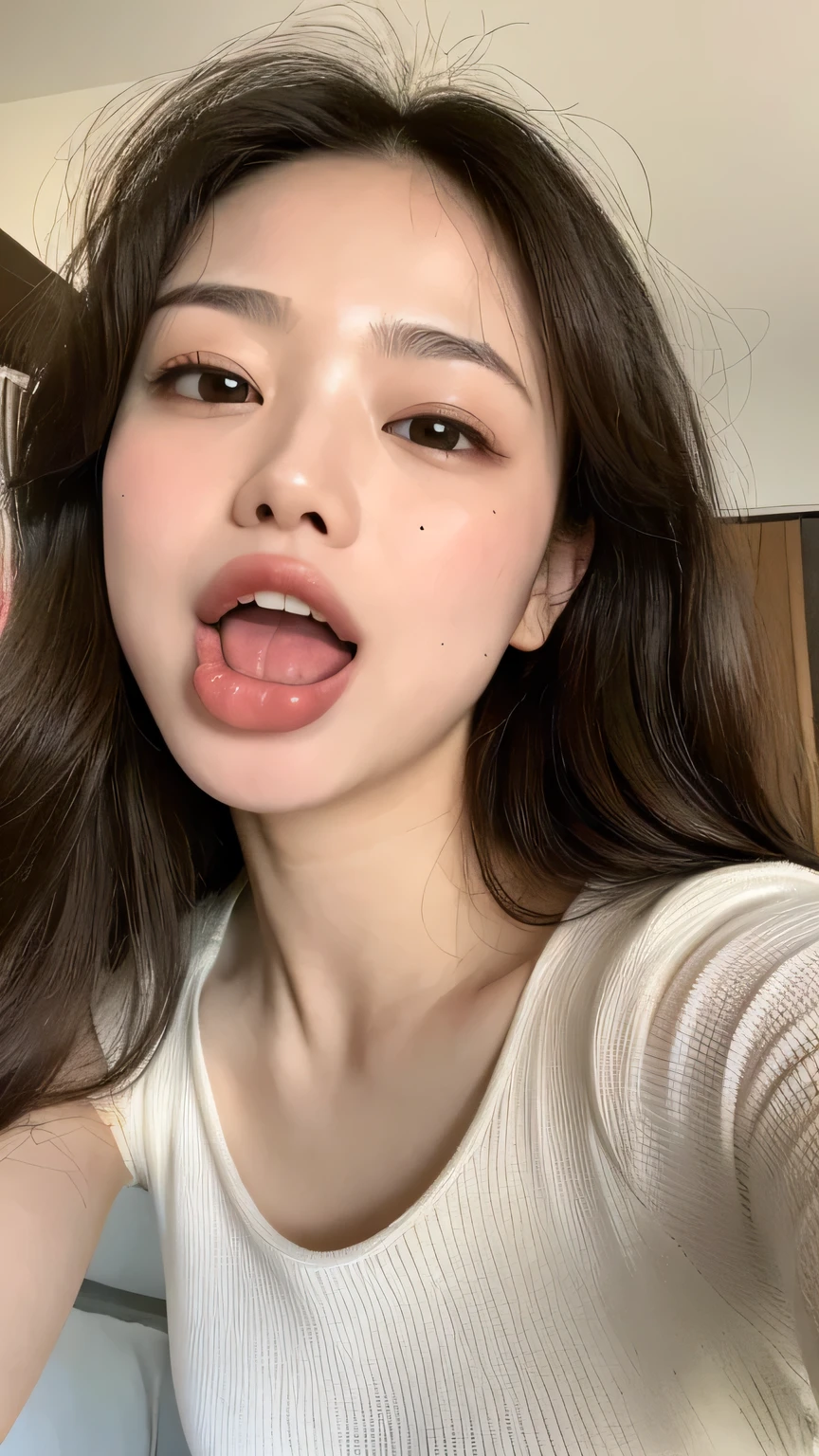 ((highest quality, 8k, masterpiece: 1.3)), 1 female, Japanese Mature,Sensual beauty: 1.3, (Hair style Brown hair Medium wave, big: 1.2), Nightwear: 1.1, Super slender face, Delicate eyes, double eyelid, (((Open your mouth,I have a long tongue sticking out,)))Mole, Home,Plump body,very thick legs,Shot from directly above,He is fooling around with his mouth wide open and his tongue sticking out.,