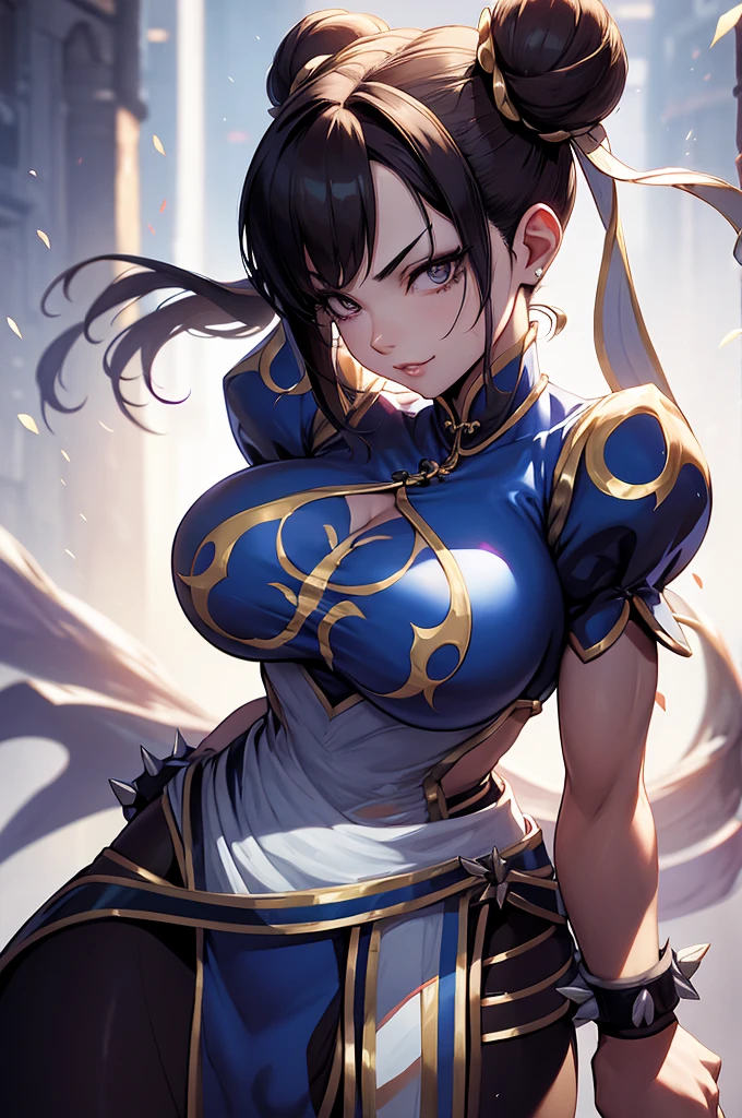 chun li,olhar penetrante,evil look,oculos no rosto,melhor qualidade,,juri han,solo, masterpiece, best quality,city night,looking at viewer,evil smile, evil look,belas coxas,leggings preto,low lighting,roupa azul,chun li,cosas belas,coxas sexy