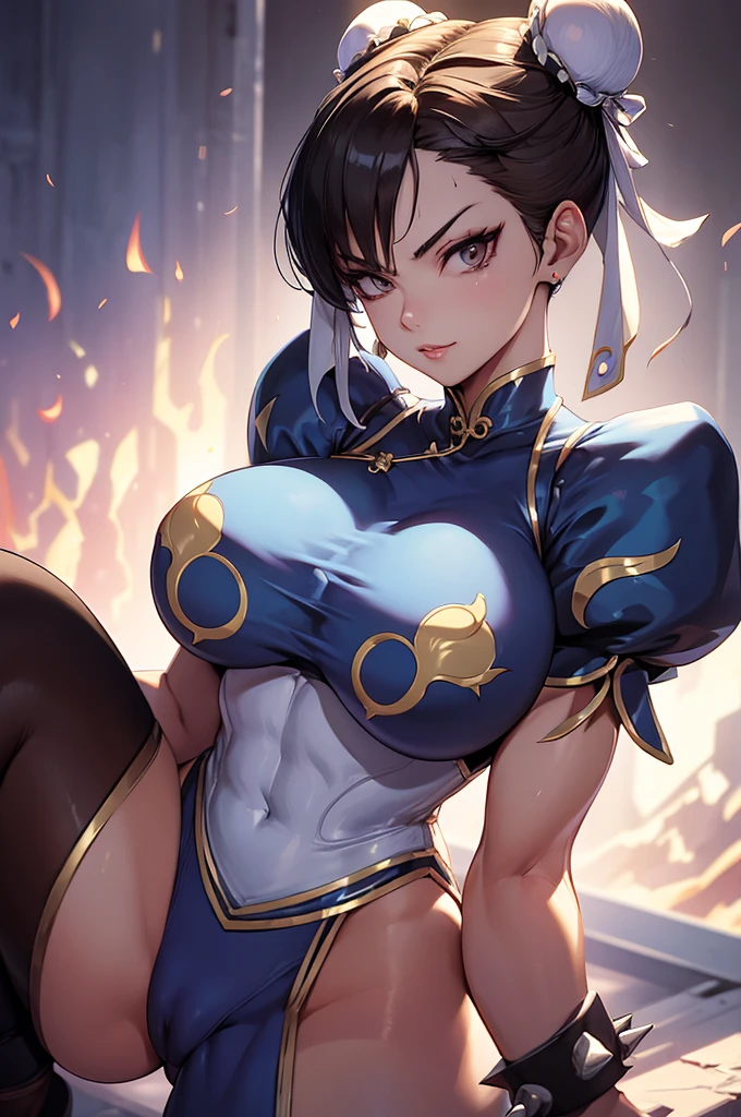 chun li,olhar penetrante,evil look,oculos no rosto,melhor qualidade,,juri han,solo, masterpiece, best quality,city night,looking at viewer,evil smile, evil look,belas coxas,leggings preto,low lighting,roupa azul,chun li,cosas belas,coxas sexy
