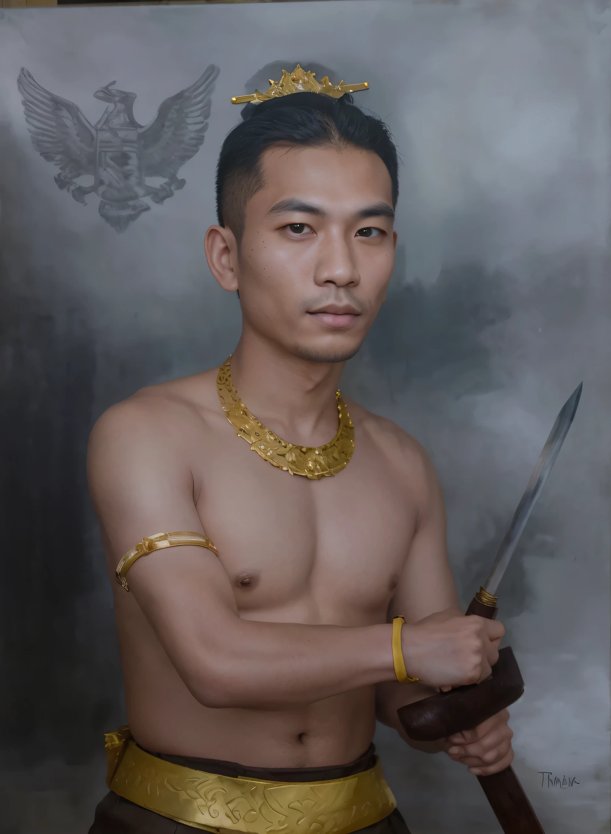 Make this photo look a detailed and realistic, painting of a man a male royal soldier from Indonesia with gold jewelry on his body and holding a keris, portrait of a male warrior, portrait of a warrior, thawan duchanee, man holding spear, traditional portrait, in style of thawan duchanee, ceremonial portrait, painting of a man, portrait of monk, thailand art