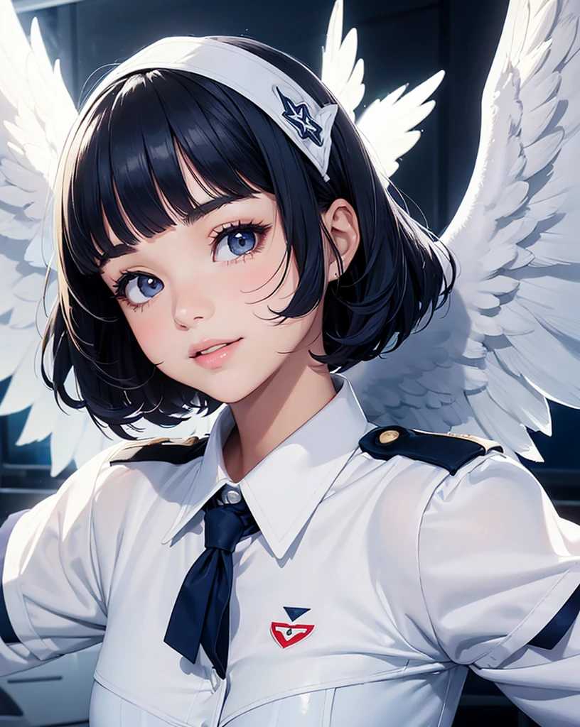 pop art,flat design,
angel girl,({Mia},1girl,tween,beautiful detailed face,(navy hair-color),(wavy-short hair),parallel eyebrows,navy eyes with large brown irises,blunt bangs,small nose, fresh lips,small chin,small breasts,small hip,(5feet tall)), ,ange halo,navy wavy short hair,(big white wings),
(flight attendant uniform),
in airplane,wholebody,
dynamic angle,nihilistic smile,beautiful lighting,photographic portrait, sharp,