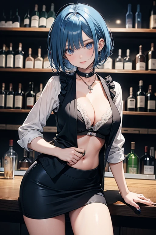 1lady,solo,cute,beauty,blue hair and short hair,standing,big breasts,cleavage,bartender,black vest and white shirt,stylish,in nightclub,bar,liquor bottles,dark,neon