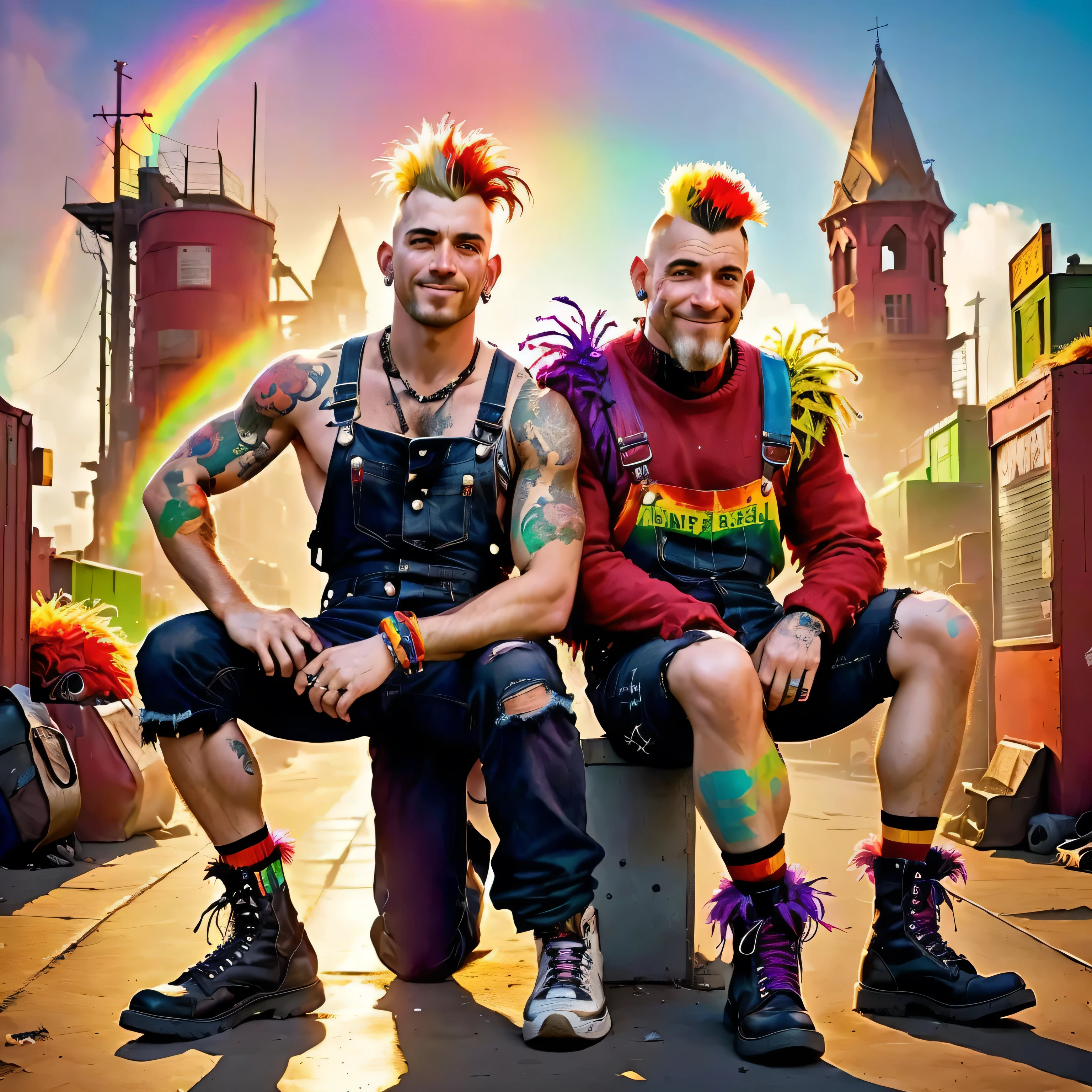 there are two men sitting on a bench on a beach with 5 paragliders flying in the background,final do dia, Orgulho gay, Punks, vestido com roupas crustpunk, punk rock com moicanos, Neil Blevins e Jordan Grimmer, magiapunk, diselpunk, inspirado em Tim e Greg Hildebrandt, olhar orgulhoso, brilhantemente colorido, Greg Rutkowski e Jakub Rebelka