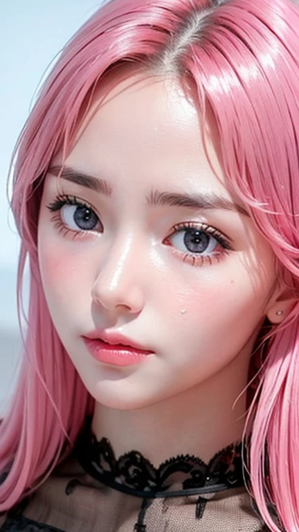 Ultra realistic, open shot, best quality, dream aesthetic (a little blurry in cinematic vibrant light), ultra-detailed, fine details, high resolution (image taken by analog camera), Perfect dynamic composition, illuminated pale skin, perfect shading, beautiful (realistic) detailed clear eyes, black lingerie, pantyhose, pale-pink hair, long messy (silky) hair (pale pink), natural big breasts, Natural Color Lip (not smiling), face with shy and embarrassed expression, Random and sensual poses, bedroom (background unfocused)、20 year old、dream atmosphere