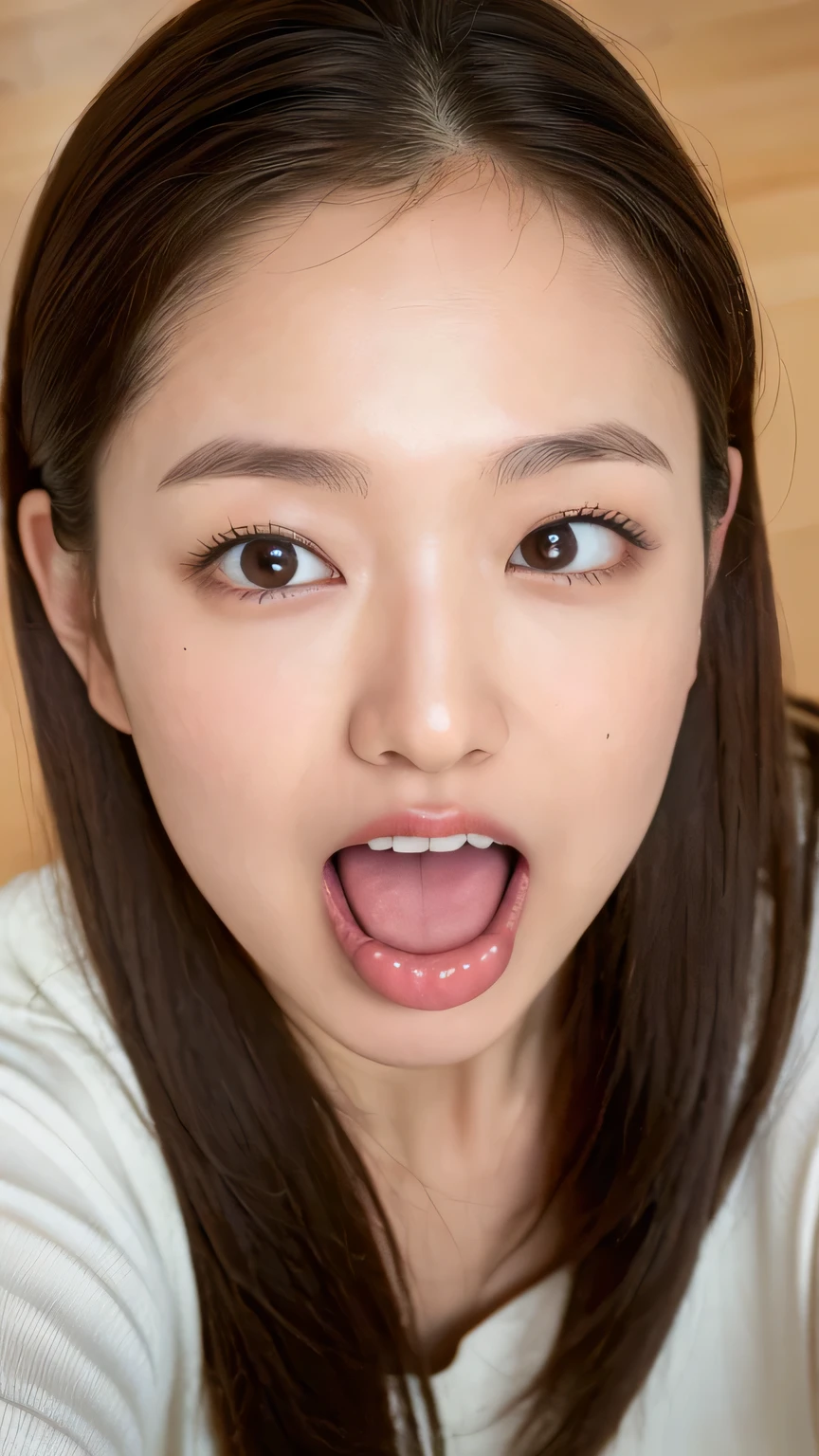 ((highest quality, 8k, masterpiece: 1.3)), 1 female, Japanese Mature,Sensual beauty: 1.3, (Hair style Brown hair Medium wave, big: 1.2), Nightwear: 1.1, Super slender face, Delicate eyes, double eyelid, (((Open your mouth,I have a long tongue sticking out,)))Mole, Home,Plump body,very thick legs,Shot from directly above,He is fooling around with his mouth wide open and his tongue sticking out.,