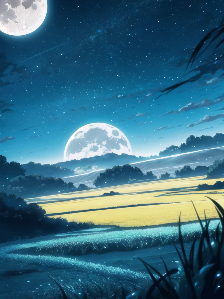 expansive landscape photograph , Night scenery with moon, A bright moon in the sky ( sem pessoas) e uma floresta no fundo, ceu negro, anime scenery, with ultra-realistic lines and details in high definition.