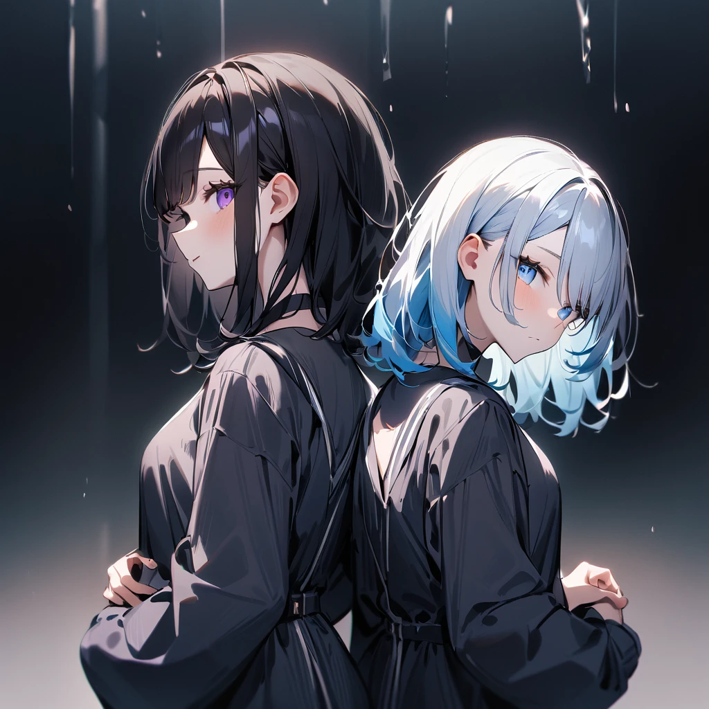 {{2girls}},masterpiece,best quality,very aesthetic,absurdres,cowboy shot,light color,dark color,light hair,dark hair,White hair,light blue hair,light blue eyes,Lovely,translucent hair,dark purple eyes,headless,(black hair,one eyes),back to back,hand to hand