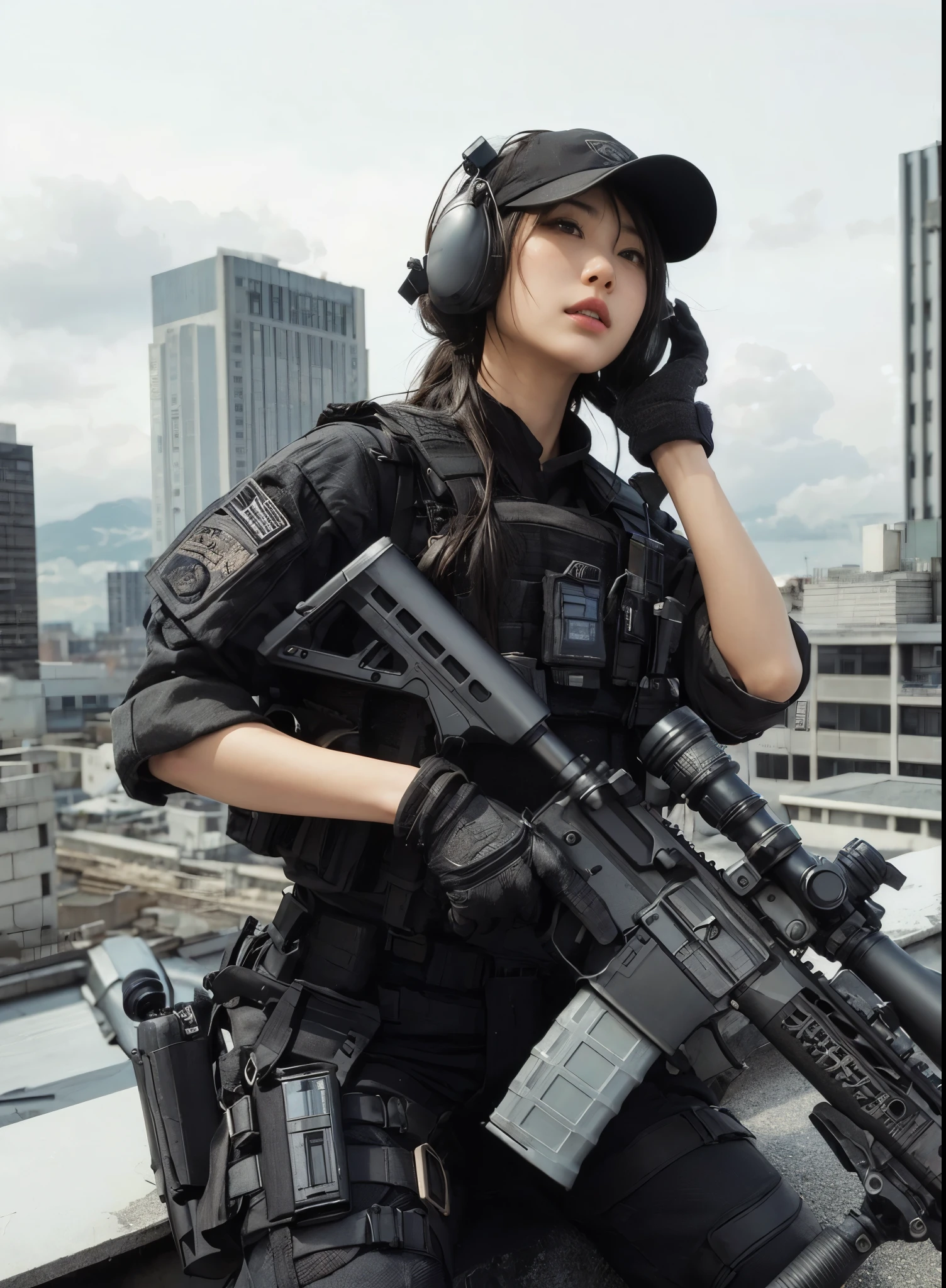 8k,Realistic Skin Texture、Realistic Photo、Japanese woman in SWAT sniper team、Rooftop、A sniper rifle is propped up against the wall、Rising He is holding his hand to his ear and talking on an intercom、cap backwards、noon、Dynamic pose、Innovative composition、Full body photo