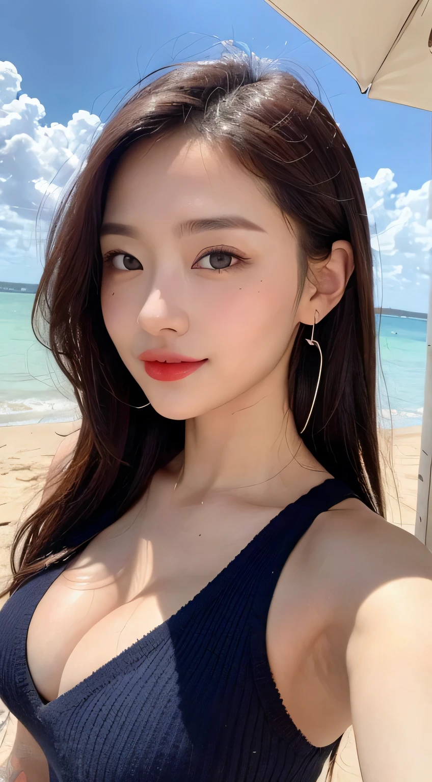 Beautiful college girl in the city, 21 years old, masterpiece, light makeup, red lips, brown hair, widely tousled, shot on the beach in the daytime, professional photographer, perfect job, beautiful and elegant. Very fine details, masterpiece, real texture, realism of movie lighting, perfect work, 16k, high resolution, exquisite facial features, blue eyes, crisp cute eyes, cute woman, model body, looking at camera, winking, Japanese idol, beautiful face, nice smile, chestnut neighbor, beautiful hair, charm, big breasts, erect nipples, cleavage, thick muscles, glowing skin, white skin, oily skin, oily skin, sexy knit dress, sexy Beautiful legs, sparkling big eyes, cute dimples, soft skin, wet earrings, collars, tattoos, dripping wet, transparent nipples emerging from the sea,