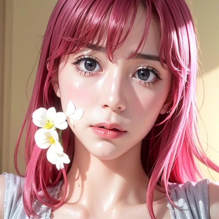 Ultra realistic, open shot, best quality, dream aesthetic (a little blurry in cinematic vibrant light), ultra-detailed, fine details, high resolution (image taken by analog camera), Perfect dynamic composition, illuminated pale skin, perfect shading, beautiful (realistic) detailed clear eyes, black lingerie, pantyhose, pale-pink hair, long messy (silky) hair (pale pink), tied hair, natural big breasts, Natural Color Lip (not smiling), face with shy and embarrassed expression, Random and sensual poses, bedroom (background unfocused)、20 year old、dream atmosphere 